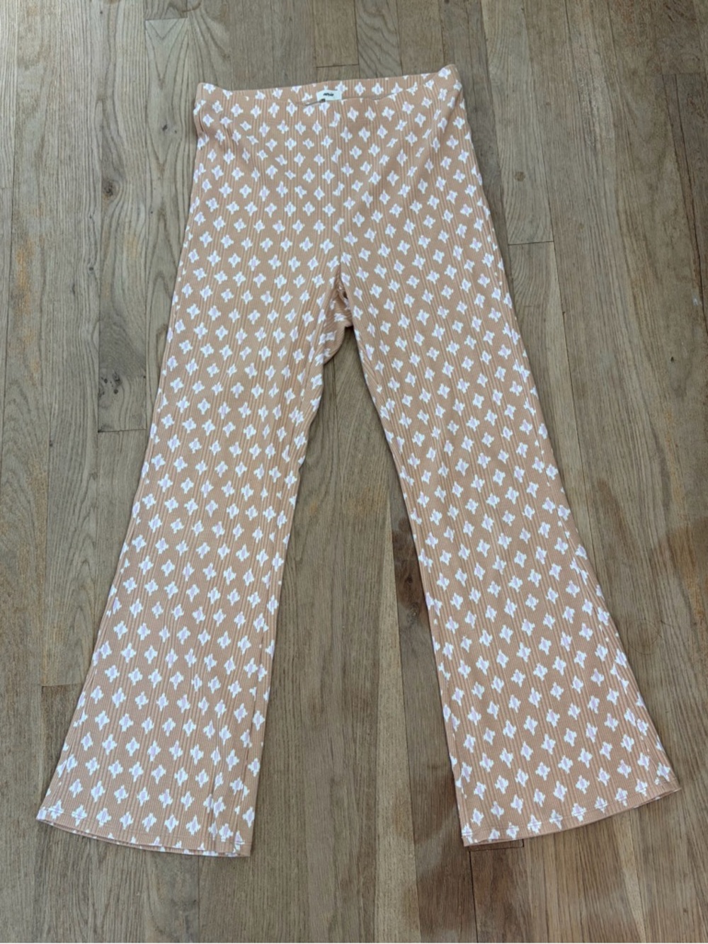 Aerie High Waisted Flare Pants M | Tan with Pink & White Print